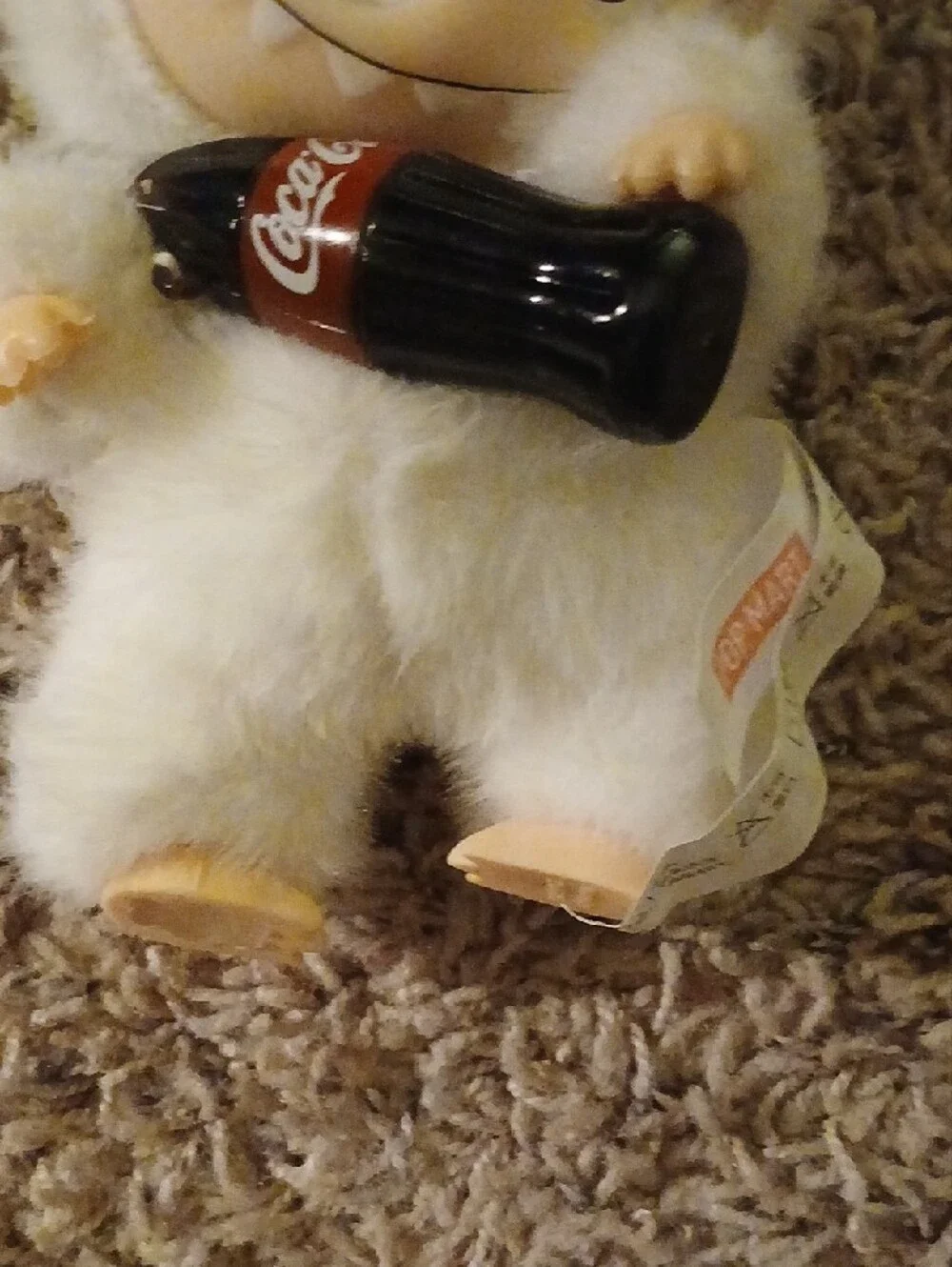 White Fuzzy Bunny Plush Keychain Holding Coca-Cola Bottle